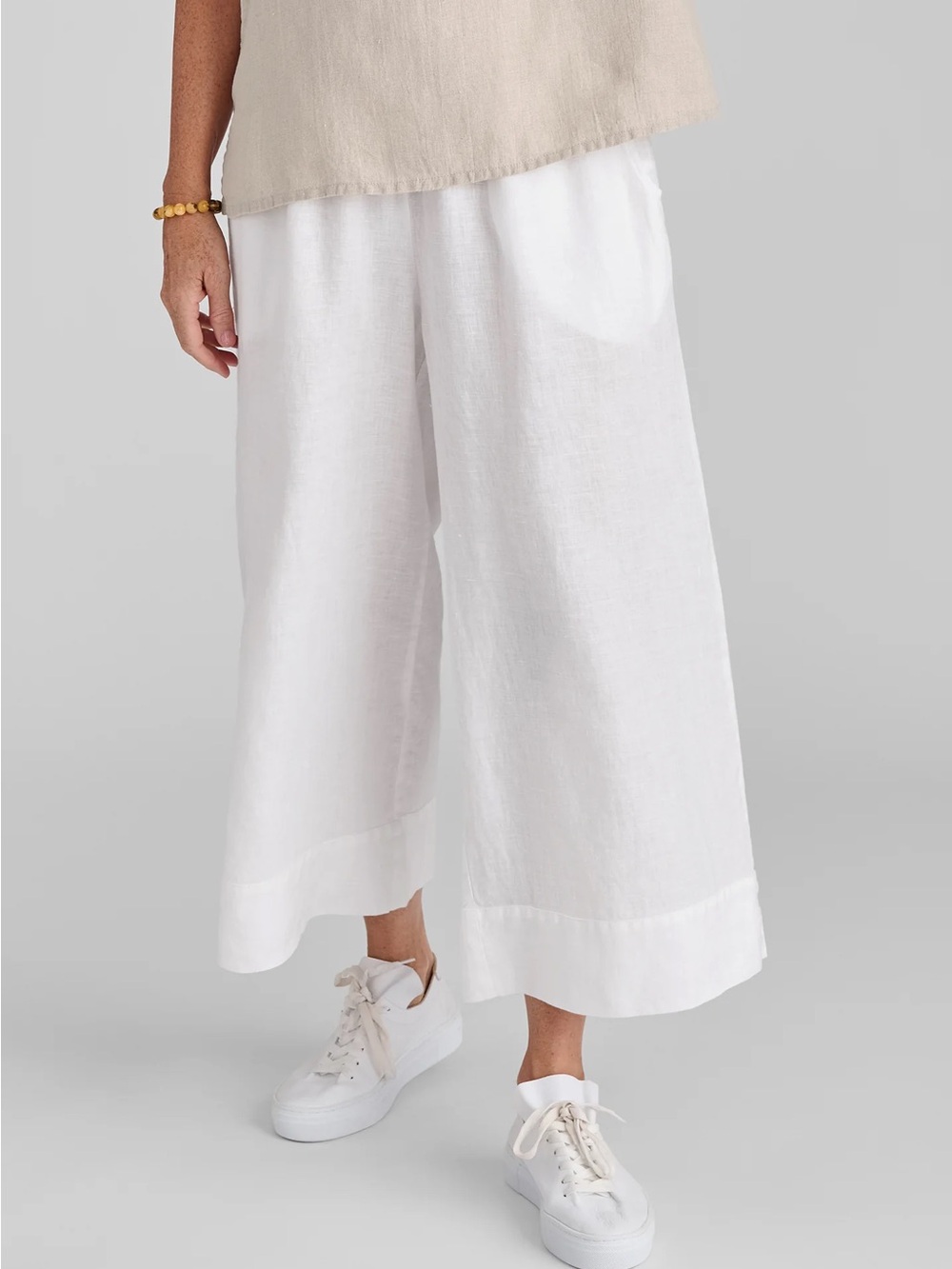 FLAX Designs White Linen Wide Leg Crop Vented Cuff Pants